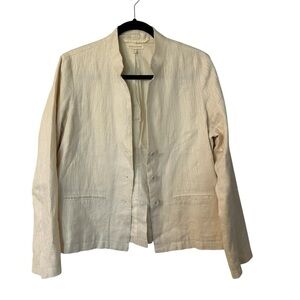 Eileen Fisher Women’s Long Sleeve 100% Linen High Collar Cream Jacket Sz M GUC